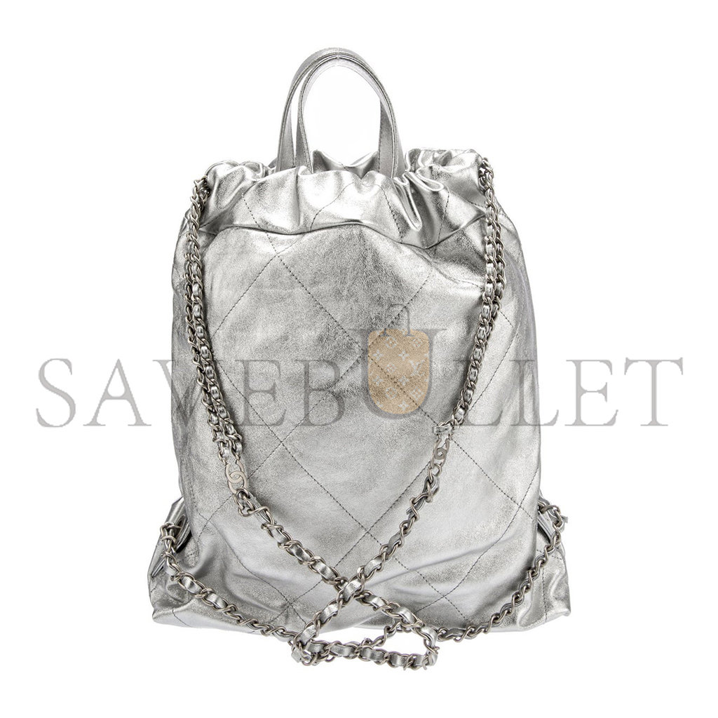 CHANEL MASTER METALLIC CALFSKIN QUILTED CHANEL 22 BACKPACK SILVER (34*29*10.5cm) 